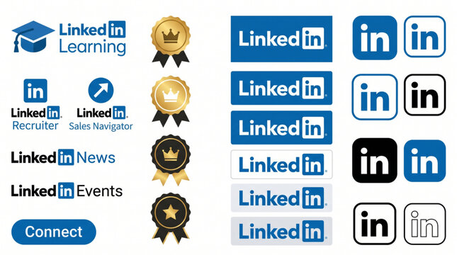LinkedIn logo icon set containing Learning Recruiter Sales Navigator News and Events buttons with award achievement badges for professional profile editable outline icons vector illustration pack.
