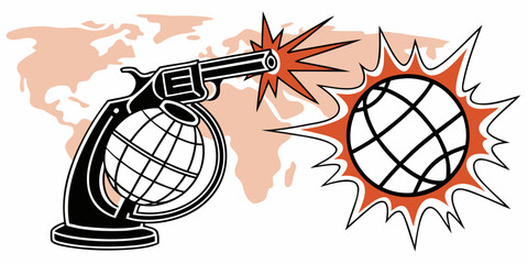 Conceptual illustration of gun targeting world map with explosion impact revolver explosion conflict violence politics geopolitics shooting destructive international geography illustration © Abu
