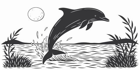 Black and white leaping dolphin in coastal water illustration with wildlife swimming landscape illustration monochrome stylized creature environment tropical movement recreation © Abu