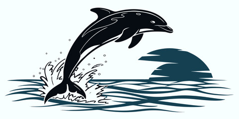 Stylized jumping dolphin with sun over ocean waves wildlife swimming environment illustration stylized abstract vacation tropical creature © Abu