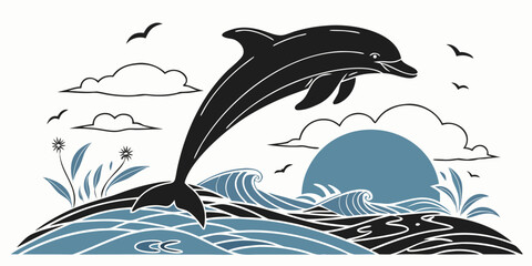 Artistic depiction of a jumping dolphin silhouette against a sunset seascape with wildlife seascape illustration stylized landscape swimming creature abstract peaceful vacation tropical © Abu