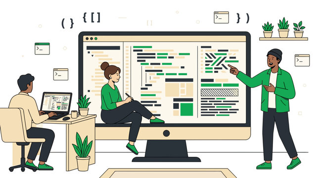 Professional Programming Team Collaborating on Software Project Around Oversized Desktop Computer Displaying Code Editor and Task Management Dashboard with Coding Symbols HTML Tags Curly Brackets and 