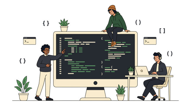 Professional Programming Team Collaborating on Software Project Around Oversized Desktop Computer Displaying Code Editor and Task Management Dashboard with Coding Symbols HTML Tags Curly Brackets and 