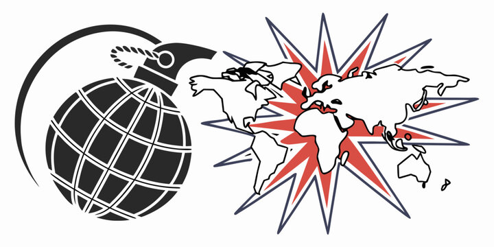 Concept of world war threat with globe bomb and exploding map conflict explosion geopolitics violence politics international destruction geography territory strategy security hostility