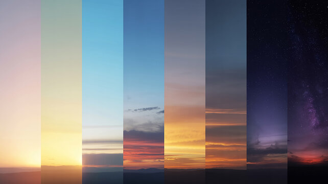Vertical collage of sky imagery transitioning from dawn to starry night with clouds and celestial bodies time lapse day to night transition