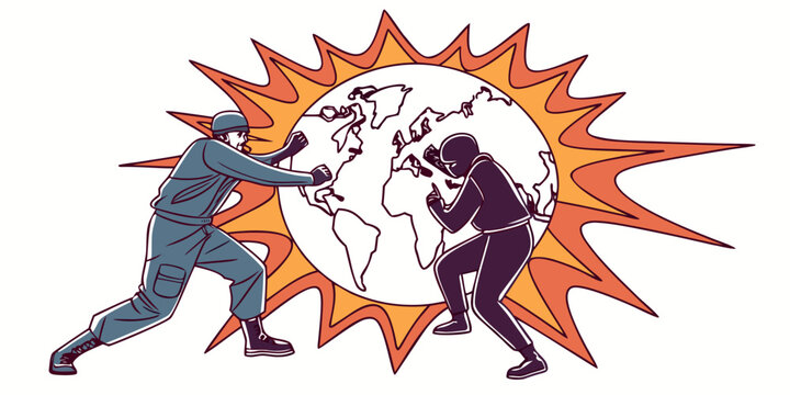 Armed conflict fighting over global power and world domination with conflict terrorist fighting geopolitics aggression politics violence international military dominance strategy struggle