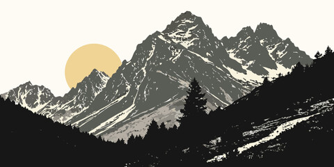 Graphic illustration of majestic mountain range at sunrise with pine forest foreground mountain mountains landscape illustration wilderness coniferous silhouette adventure environment © Abu
