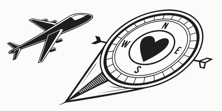 Compass map pin icon with heart symbol and airplane illustration for travel and navigation concepts airplane navigation location destination direction vacation aviation minimalist adventure