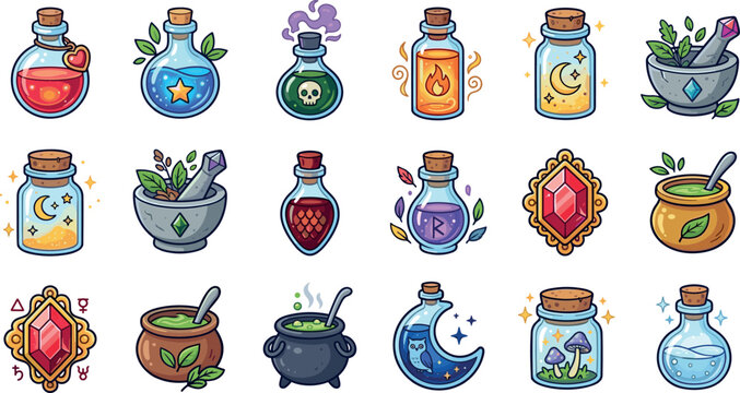 Magical Witch Potion Bottles and Alchemy Cauldron Fantasy Game Vector Icon Set for Spell and Sorcery Design
