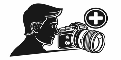 Side view silhouette of man using digital camera with plus sign icon photographer photography silhouette positive shooting technology creative profession illustration equipment artistic © Abu