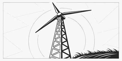 Stylized wind turbine tower standing in grassy field illustration with renewable landscape environment sustainable electricity generator industry industrial illustration silhouette resource © Abu