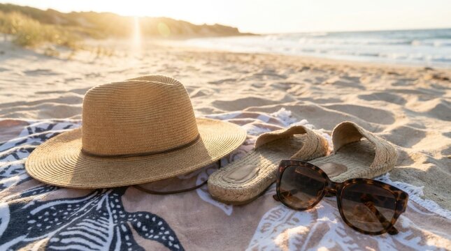 Straw fedora hat with leather strap, tortoise shell sunglasses, and woven espadrille sandals on a patterned beach towel over sand with a sunlit ocean and coastline background.
