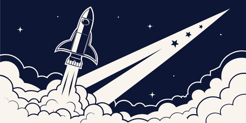 Rocket ship launching into deep space with glowing stars and smoke trails in a minimalist graphic style spaceship astronomy exploration blastoff technology innovation discovery astrophysics © Abu