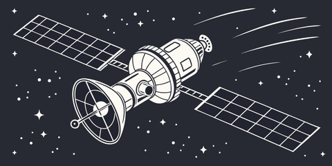 Space satellite orbiting in outer space with solar panels science fiction satellite dish aerospace engineering satellite technology communication exploration astronomy transmitter research © Abu