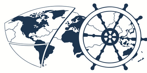 Nautical ships wheel overlying world map illustration with nautical steering navigation geography adventure maritime direction exploration illustration background business logistics © Abu