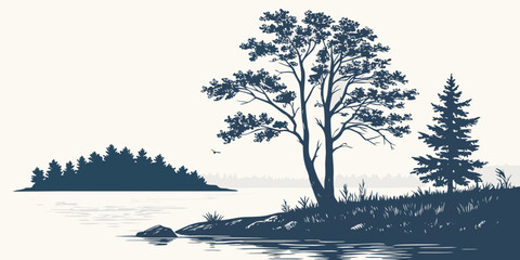 Landscape illustration of a coniferous forest island in the middle of a lake with tree line landscape silhouette illustration wilderness peaceful reflection environment outdoors minimalist © Abu