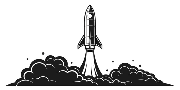 Vertical space rocket taking off with heavy smoke plume beneath it in a high contrast black and white graphic spaceship blastoff exploration technology propulsion aerospace innovation isolated