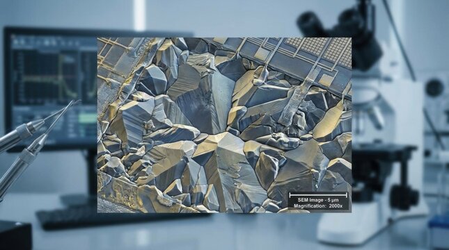 Scanning Electron Microscope SEM image at 2000x magnification showing the polycrystalline surface structure and circuitry of a silicon wafer in a laboratory setting for microchip analysis.