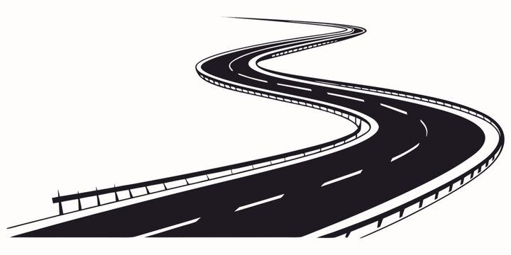 Graphic illustration of a winding highway road with guardrails in black and white transportation infrastructure illustration monochrome isolated direction transport expressway destination
