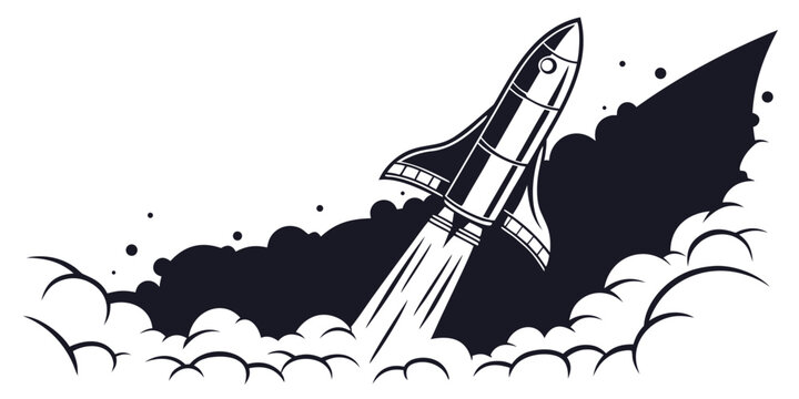Black and white graphic illustration of a space rocket launching into the sky with clouds of smoke spaceship blastoff exploration technology propulsion astronomy universe aerospace beginning