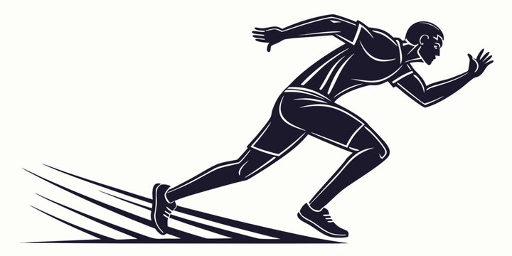 Dynamic black and white vector illustration of a male sprinter with sprinter sprinting movement exercise training competition silhouette illustration lifestyle performance motivation