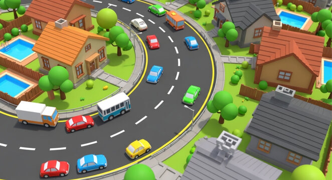 Cartoon Cars Driving on a Winding Road Through a Suburban Neighborhood.