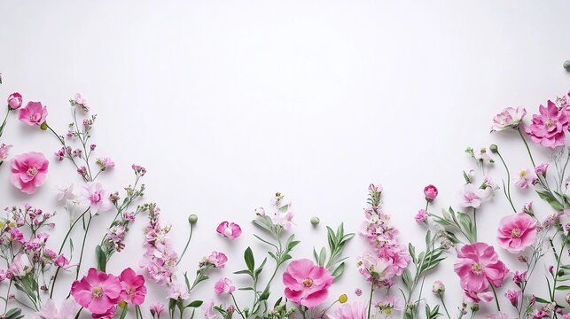 Delicate pink wildflowers and green leaves arranged along the bottom edge on a clean white background, fresh, romantic, and airy, wedding invitations, greeting cards, spring content, or design layouts