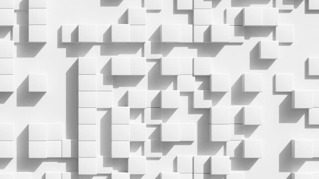 White geometric cube wall pattern with shadow and abstract relief texture layered block design, Seamless motion, Looping animation