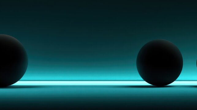 Three dark spherical objects rest upon a brightly illuminated horizontal surface against a deep teal backdrop