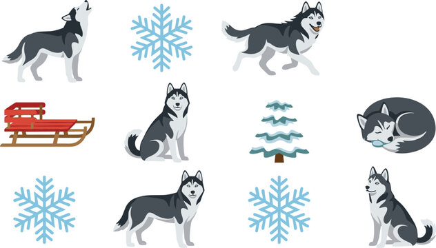 Husky Winter Adventure Collection Vector Illustration Featuring Snowy Weather Activities Arctic Canine Lifestyle Sledding and Seasonal Dog Character Elements