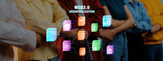 A group of people stands together next to colorful icons illustrating Web 3.0 and decentralization. This image represents innovation, technology, and community engagement in a digital age. Trope © InfiniteFlow
