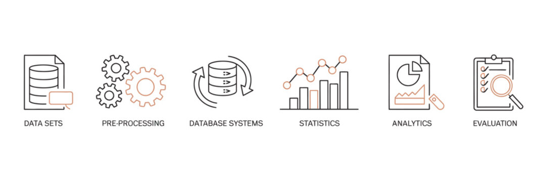 Data science process workflow icons including data sets and analytics evaluation steps