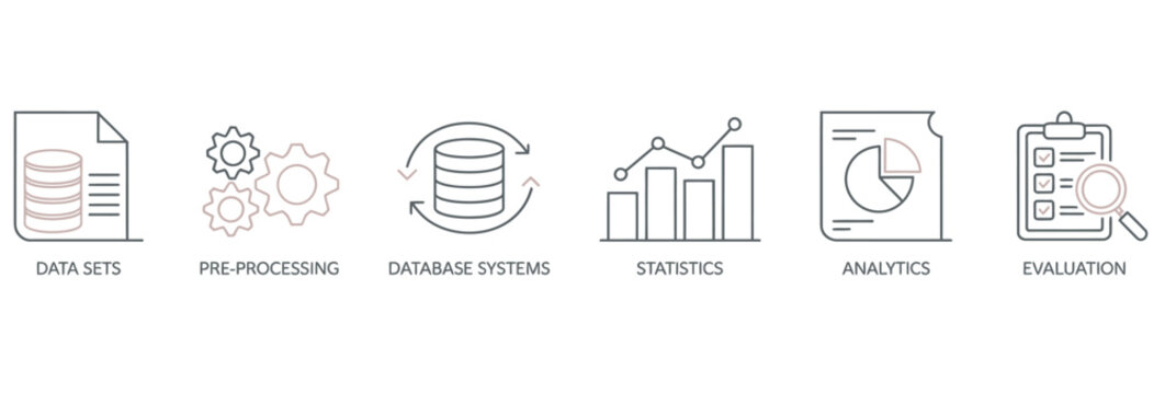 Professional data science process icons for database systems and analytics evaluation