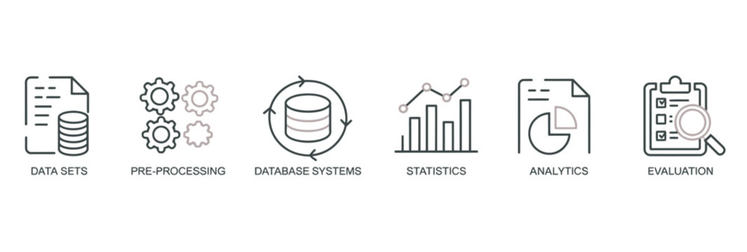 Minimalist data science workflow icons for database systems and analytics evaluation