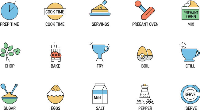 Cooking Instruction Icon Set With Preparation Time Baking Frying Boiling Ingredients And Serving Steps Vector Illustration