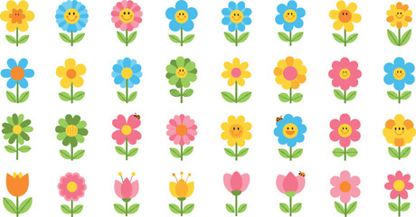 Cute Smiling Flower Icon Set With Colorful Spring Blossoms And Playful Garden Characters Vector Illustration © AFSANA