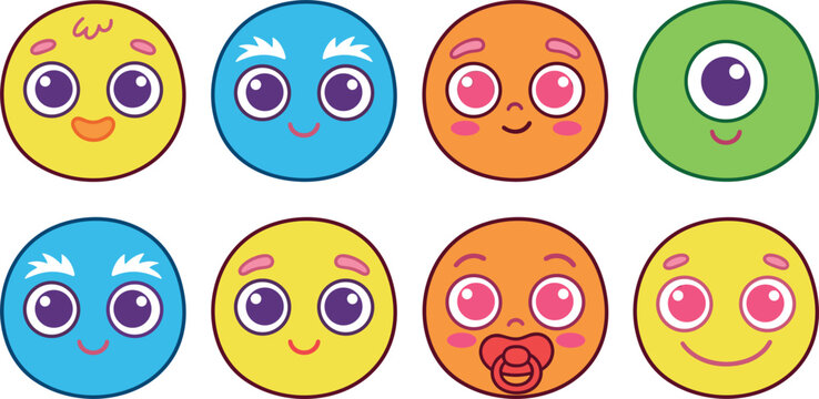 Cute colorful round cartoon character face avatars set featuring happy smiling emoji baby grandfather alien monster and emoticon stickers vector