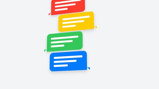 Chat bubbles messaging interface animation with colorful red yellow green and blue speech bubbles appearing on white background for social media mockup.