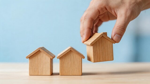 Hand selecting wooden house model from row representing property choice real estate investment decision making process home buying selling rental market concept for housing