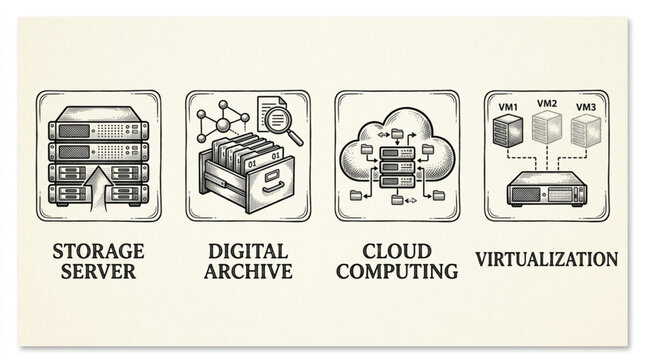 Four technology concepts illustrated with icons including storage server digital archive cloud computing and virtualization.