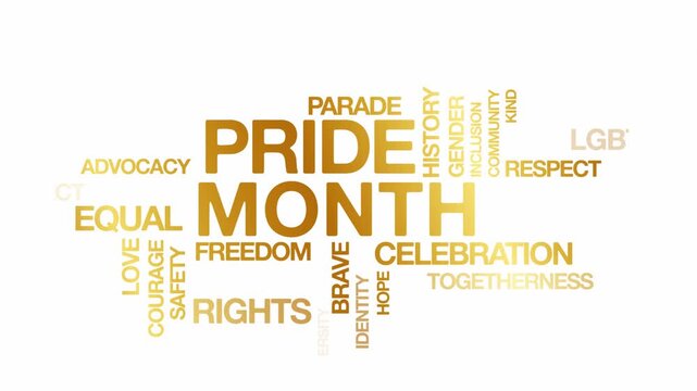 pride month concept Animated Tag Word Cloud kinetic typography, Text Design Animation typography seamless loop video motion graphics Intro Wordart arrangement tagcloud golden type on white background 