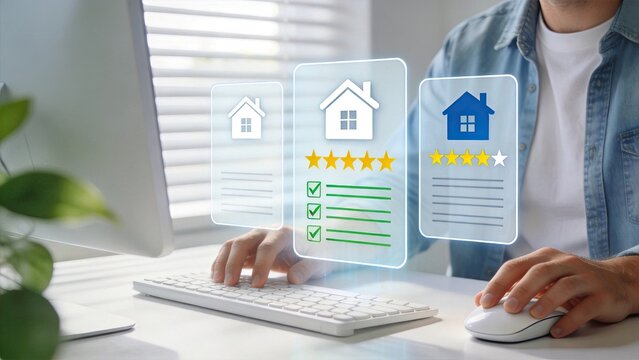 User rating property online review interface with star scores and checklist icons floating above computer keyboard, representing customer feedback and real estate evaluation