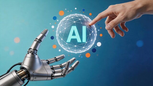 Human hand and robotic arm touching artificial intelligence AI sphere network, symbolizing collaboration between mankind and machine learning technology in future innovation.