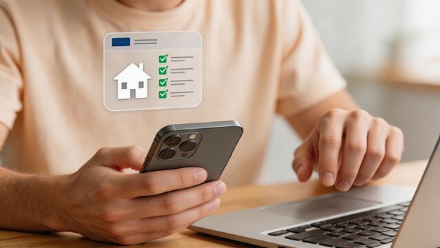 Mobile phone displaying home inspection checklist app, real estate verification process, property management tool, buying or renting house guide, digital solution for homeowners