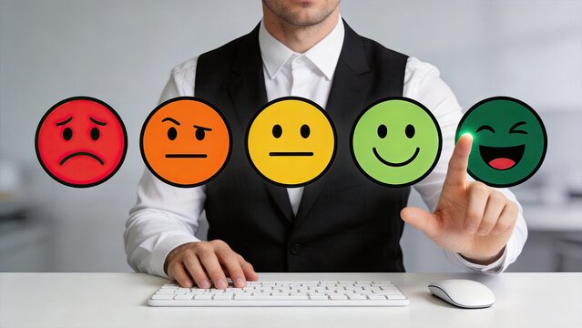 Businessman selecting happy emoji on virtual screen, customer satisfaction rating, positive feedback survey concept