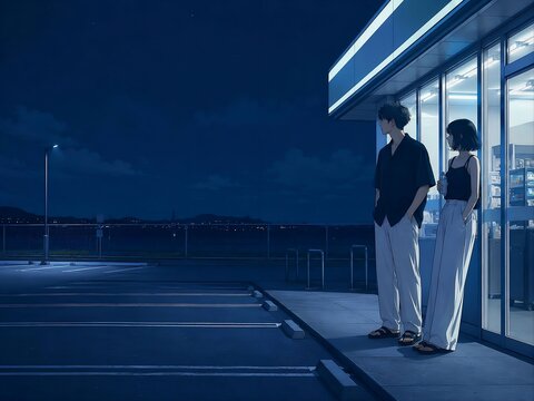 夏の夜のコンビニ前で静かに過ごす若い男女の情景｜コンビニ, 夜, カップル, 青春, 夏