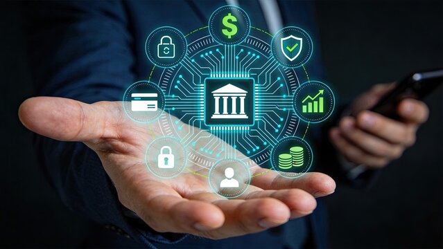 Hand holding digital banking interface with fintech icons, secure online payment and financial technology concept