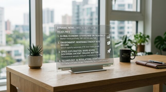 Transparent e-paper display screen showing news headlines on a wooden desk with a succulent, black coffee mug, and notebook against a blurred city skyline background window.