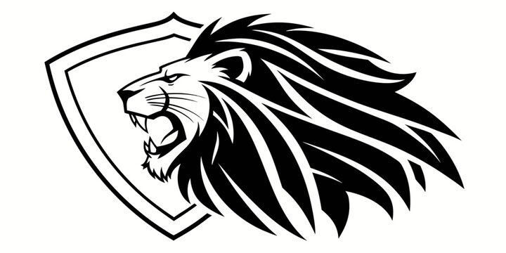 Roaring lion head mascot graphic with heraldic shield background vector illustration for security company logo or sports team crest security protection strength heraldry predator wildlife