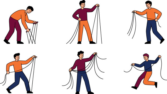 Young man character in colorful outfits holding pulling untangling cords organizing long cables and managing messy ropes vector set